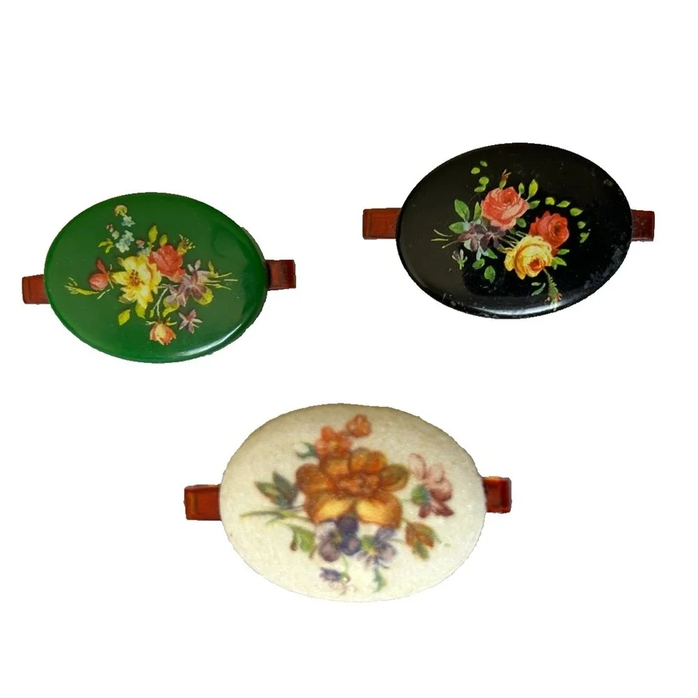 Vintage 1960s Mid Century Floral Oval Retro Hair Clip Barrette Lot 3 Cottagecore